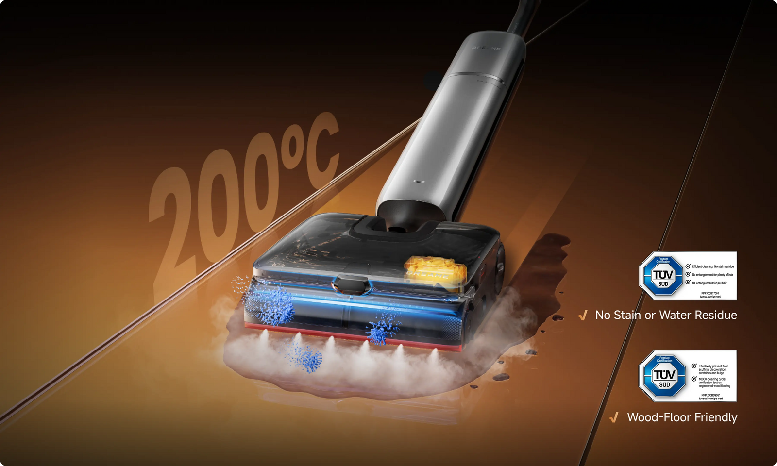 Mycie parą o temperaturze 200°C* generowaną przez układ SaunaClean™ zwiększa higieniczność podłóg